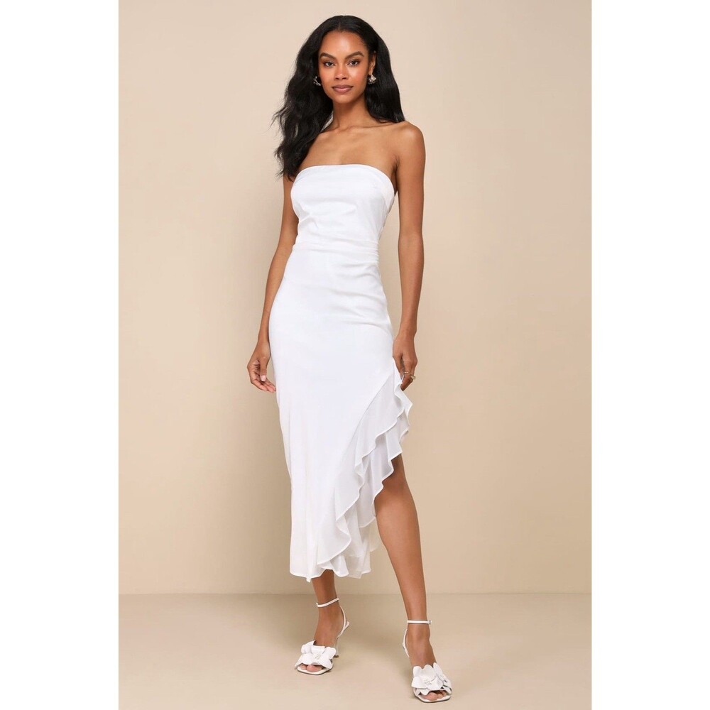 Lulus Graceful Perfection Midi Dress White Satin Ruffled Bust 30” NWOT